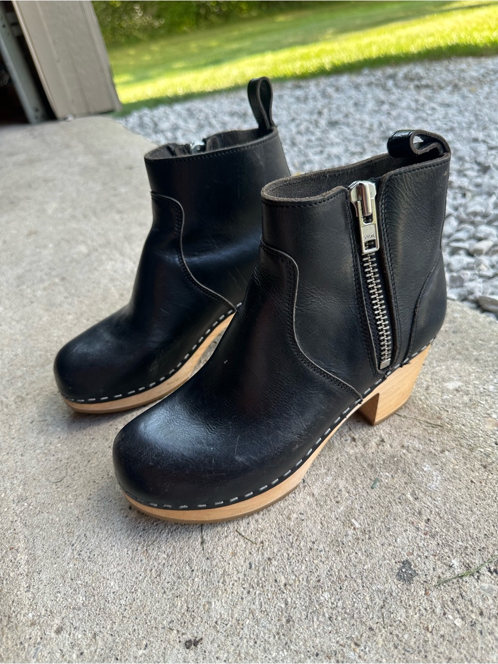 Swedish Hasbeens Black Leather Zip Clog Booties with Natural Wood Platform